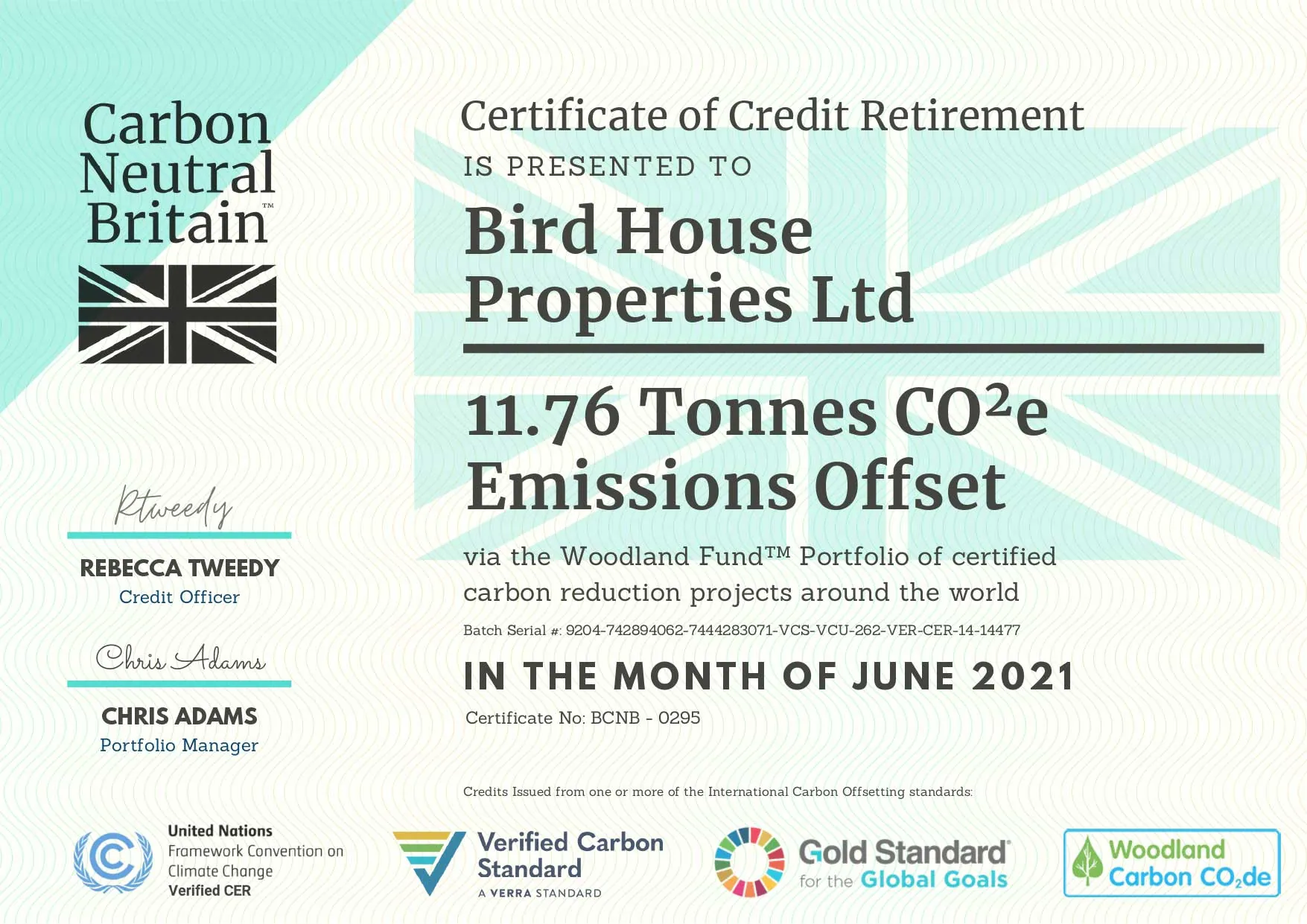 Certificate of Credit Retirement — 11.76 tonnes CO₂e offset, June 2021